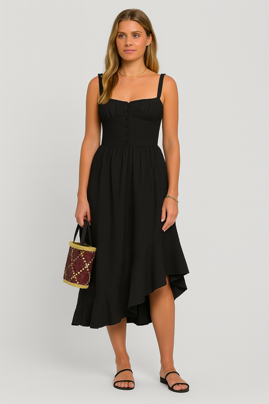 Sabine | Minimalistisch Midi Jurk met Stijlvolle Knoopdetail en Ruches