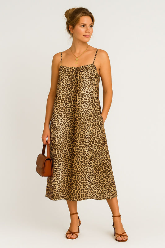 Leandra | Zwart-Bruin Leopard Midi Jurk