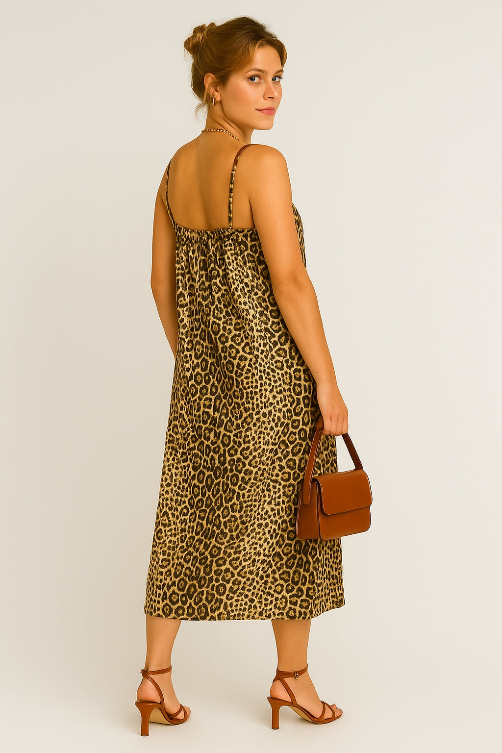 Leandra | Zwart-Bruin Leopard Midi Jurk