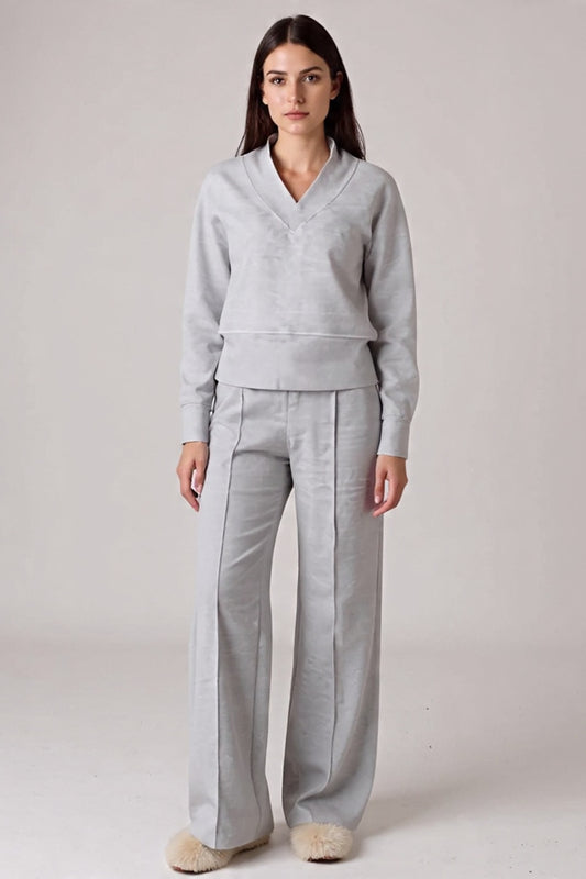 Amelle | Dames Loungewear Set met Wijde Pijpen en V-Hals Top